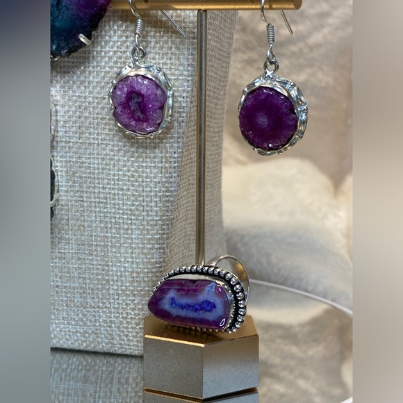 Vintage Solar Quartz Beads, Blue Pink and Gray Colored necklace, Ring & Earrings - Picture 6 of 12